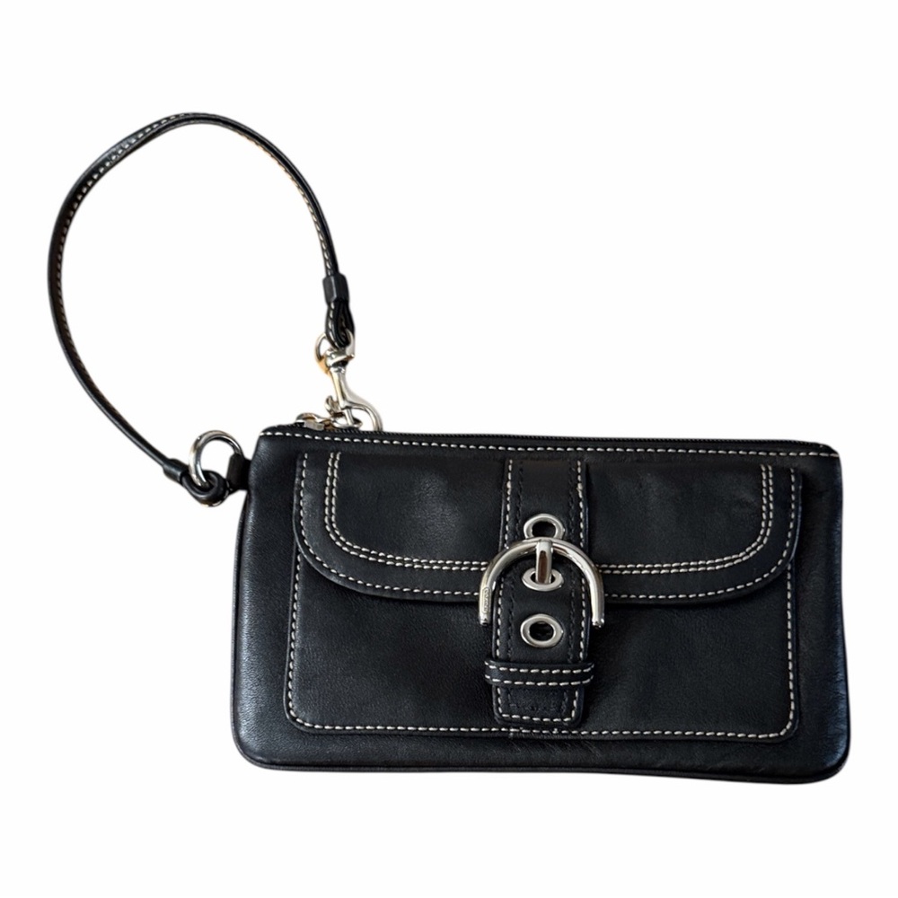 Coach Vintage Black Leather SoHo Wristlet Clutch with Buckle Accent